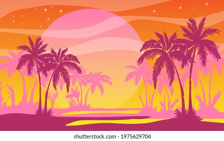 Cartoon flat panoramic landscape, sunset with the palms silhouettes on the neon colourful background. Vector art retro style illustration in neon colours.