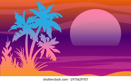 Cartoon flat panoramic landscape, sunset with the palms silhouettes on the neon colourful background. Vector art retro style illustration in neon colours.