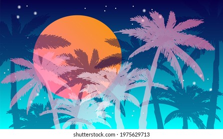 Cartoon flat panoramic landscape, sunset with the palms silhouettes on the neon colourful background. Vector art retro style illustration in neon colours.