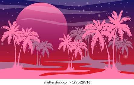 Cartoon flat panoramic landscape, sunset with the palms silhouettes on the neon colourful background. Vector art retro style illustration in neon colours.