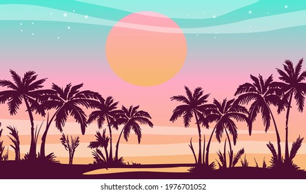 Cartoon flat panoramic landscape, sunset with the palms silhouettes on the neon colourful background. Vector art retro style illustration in neon colours.