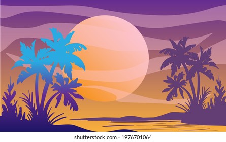 Cartoon flat panoramic landscape, sunset with the palms silhouettes on the neon colourful background. Vector art retro style illustration in neon colours.