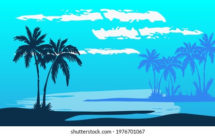 Cartoon flat panoramic landscape, sunset with the palms silhouettes on the neon colourful background. Vector art retro style illustration in neon colours.