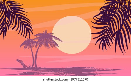 Cartoon flat panoramic landscape, sunset with the palms silhouettes on the neon colourful background. Vector art retro style illustration in neon colours.