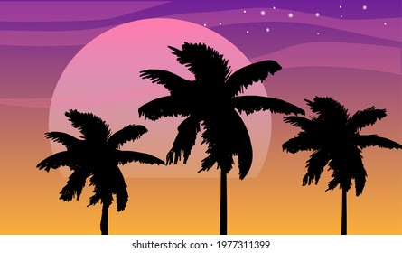 Cartoon flat panoramic landscape, sunset with the palms silhouettes on the neon colourful background. Vector art retro style illustration in neon colours.