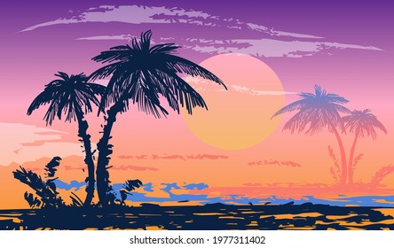 Cartoon flat panoramic landscape, sunset with the palms silhouettes on the neon colourful background. Vector art retro style illustration in neon colours.