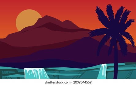 Cartoon flat panoramic landscape, sunset with the palms on colourful background. Vector illustration.