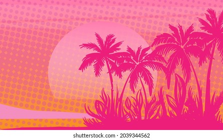 Cartoon flat panoramic landscape, sunset with the palms on colourful background. Vector illustration.