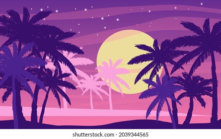 Cartoon flat panoramic landscape, sunset with the palms on colourful background. Vector illustration.