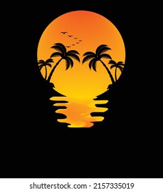 Cartoon flat panoramic landscape, sunset with the palms on colourful background. Vector illustration. The black silhouette coconut tree the sea and the sun inside the circle 