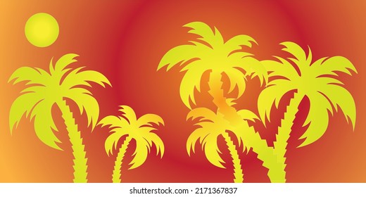 Cartoon flat panoramic landscape, sunset with the palms on colourful background..eps
