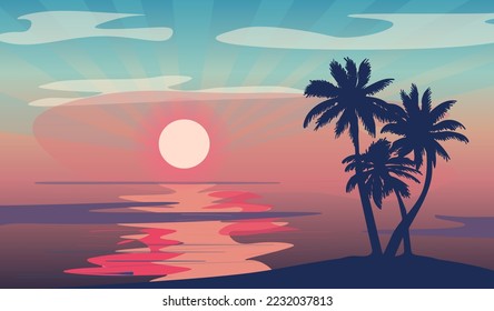 Cartoon flat panoramic landscape, sunset with the palms on colourful background. Vector illustration.