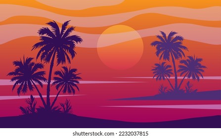 Cartoon flat panoramic landscape, sunset with the palms on colourful background. Vector illustration.