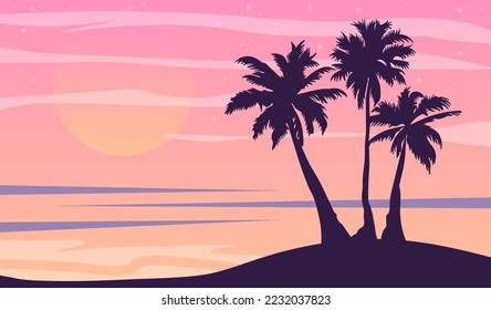 Cartoon flat panoramic landscape, sunset with the palms on colourful background. Vector illustration.