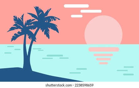 Cartoon flat panoramic landscape, sunset with the palms on colourful background. Vector illustration.