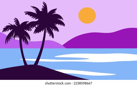 Cartoon flat panoramic landscape, sunset with the palms on colourful background. Vector illustration.