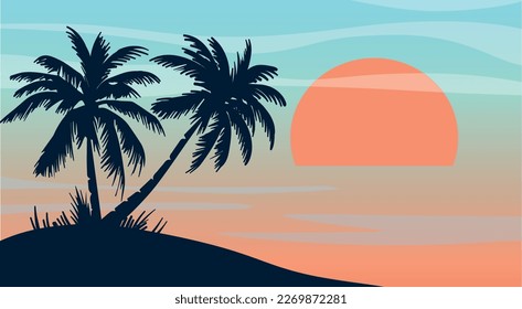 Cartoon flat panoramic landscape, sunset with the palms on colourful background. Vector illustration.