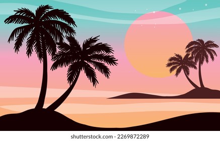 El paisaje panorámico plano de caricatura, la puesta de sol con las palmeras sobre un fondo colorido. Ilustración vectorial.