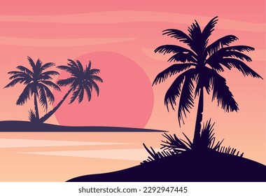 Cartoon flat panoramic landscape, sunset with the palms on colourful background. Vector illustration.