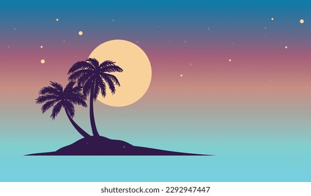El paisaje panorámico plano de caricatura, la puesta de sol con las palmeras sobre un fondo colorido. Ilustración vectorial.
