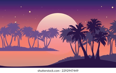 Cartoon flache Panoramalage, Sonnenuntergang mit den Palmen auf buntem Hintergrund. Vektorgrafik.