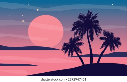Cartoon flat panoramic landscape, sunset with the palms on colourful background. Vector illustration.