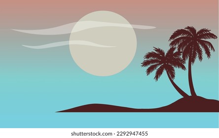 El paisaje panorámico plano de caricatura, la puesta de sol con las palmeras sobre un fondo colorido. Ilustración vectorial.