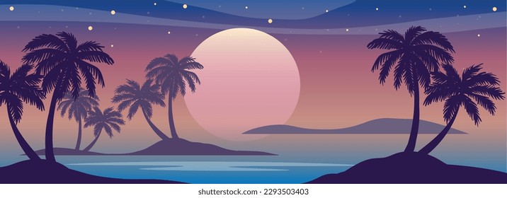 El paisaje panorámico plano de caricatura, la puesta de sol con las palmeras sobre un fondo colorido. Ilustración vectorial.
