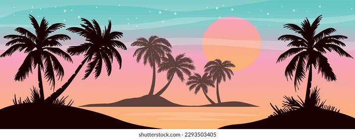 Cartoon flat panoramic landscape, sunset with the palms on colourful background. Vector illustration.