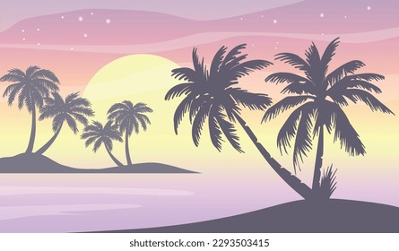 Cartoon flat panoramic landscape, sunset with the palms on colourful background. Vector illustration.
