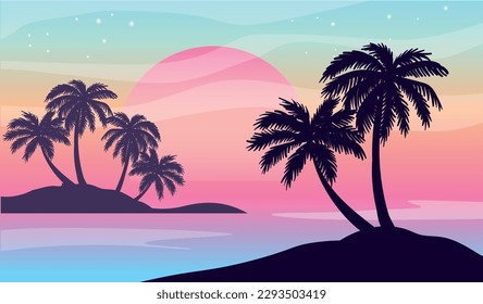 Cartoon flat panoramic landscape, sunset with the palms on colourful background. Vector illustration.