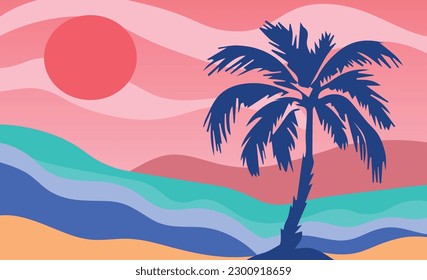 Cartoon flat panoramic landscape, sunset with the palms on colourful background. Vector illustration.