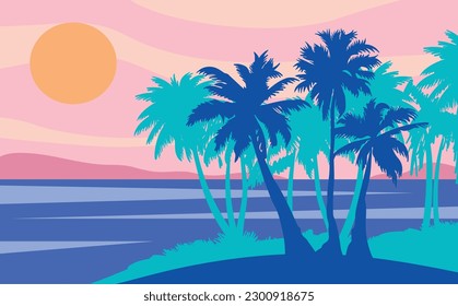 Cartoon flat panoramic landscape, sunset with the palms on colourful background. Vector illustration.