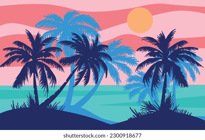 Cartoon flat panoramic landscape, sunset with the palms on colourful background. Vector illustration.