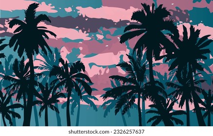 Cartoon flat panoramic landscape, sunset with the palms on colourful background. Vector illustration.