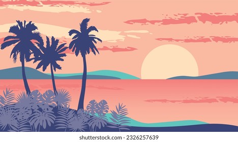 Cartoon flat panoramic landscape, sunset with the palms on colourful background. Vector illustration.