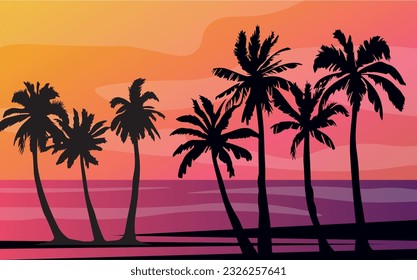 Cartoon flat panoramic landscape, sunset with the palms on colourful background. Vector illustration.