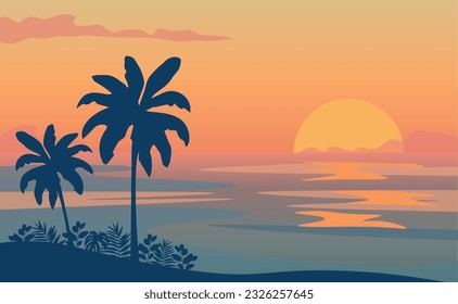 El paisaje panorámico plano de caricatura, la puesta de sol con las palmeras sobre un fondo colorido. Ilustración vectorial.