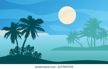 Cartoon flat panoramic landscape, sunset with the palms on colourful background. Vector illustration.