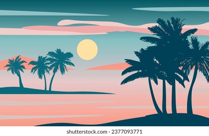 Cartoon flat panoramic landscape, sunset with the palms on colourful background. Vector illustration.