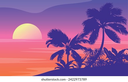 Cartoon flat panoramic landscape, sunset with the palms on colourful background. Vector illustration.