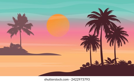 Cartoon flat panoramic landscape, sunset with the palms on colourful background. Vector illustration.