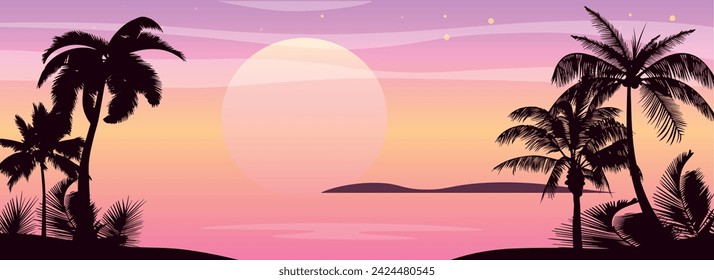 Cartoon flat panoramic landscape, sunset with the palms on colourful background. Vector illustration.