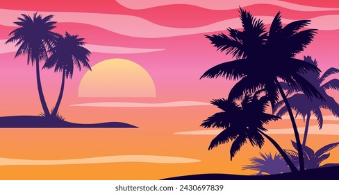 Cartoon flat panoramic landscape, sunset with the palms on colourful background. Vector illustration.