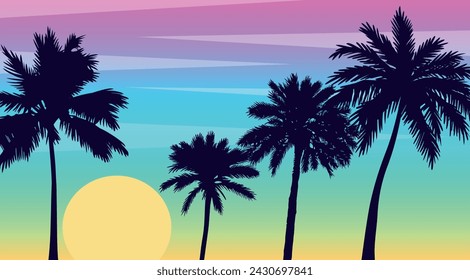 Paisaje panorámico plano de dibujos animados, puesta del sol con las palmeras sobre fondo colorido. Ilustración vectorial.
