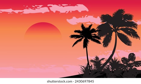 Cartoon flat panoramic landscape, sunset with the palms on colourful background. Vector illustration.