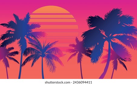 Paisaje panorámico plano de dibujos animados, puesta del sol con las palmeras en el fondo colorido. Ilustración vectorial.
