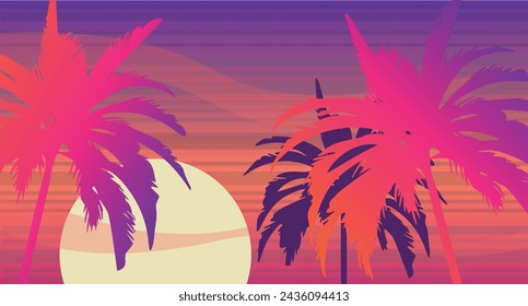Cartoon flat panoramic landscape, sunset with the palms on the colourful background. Vector illustration.