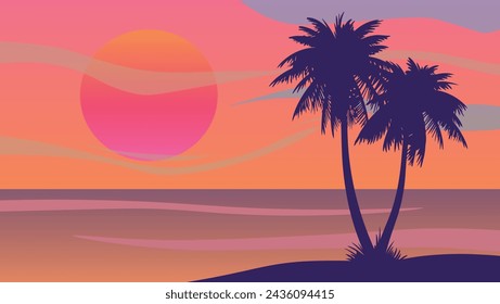 Cartoon flat panoramic landscape, sunset with the palms on the colourful background. Vector illustration.