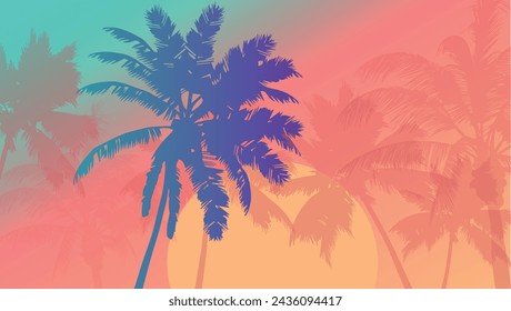 Cartoon flat panoramic landscape, sunset with the palms on the colourful background. Vector illustration.